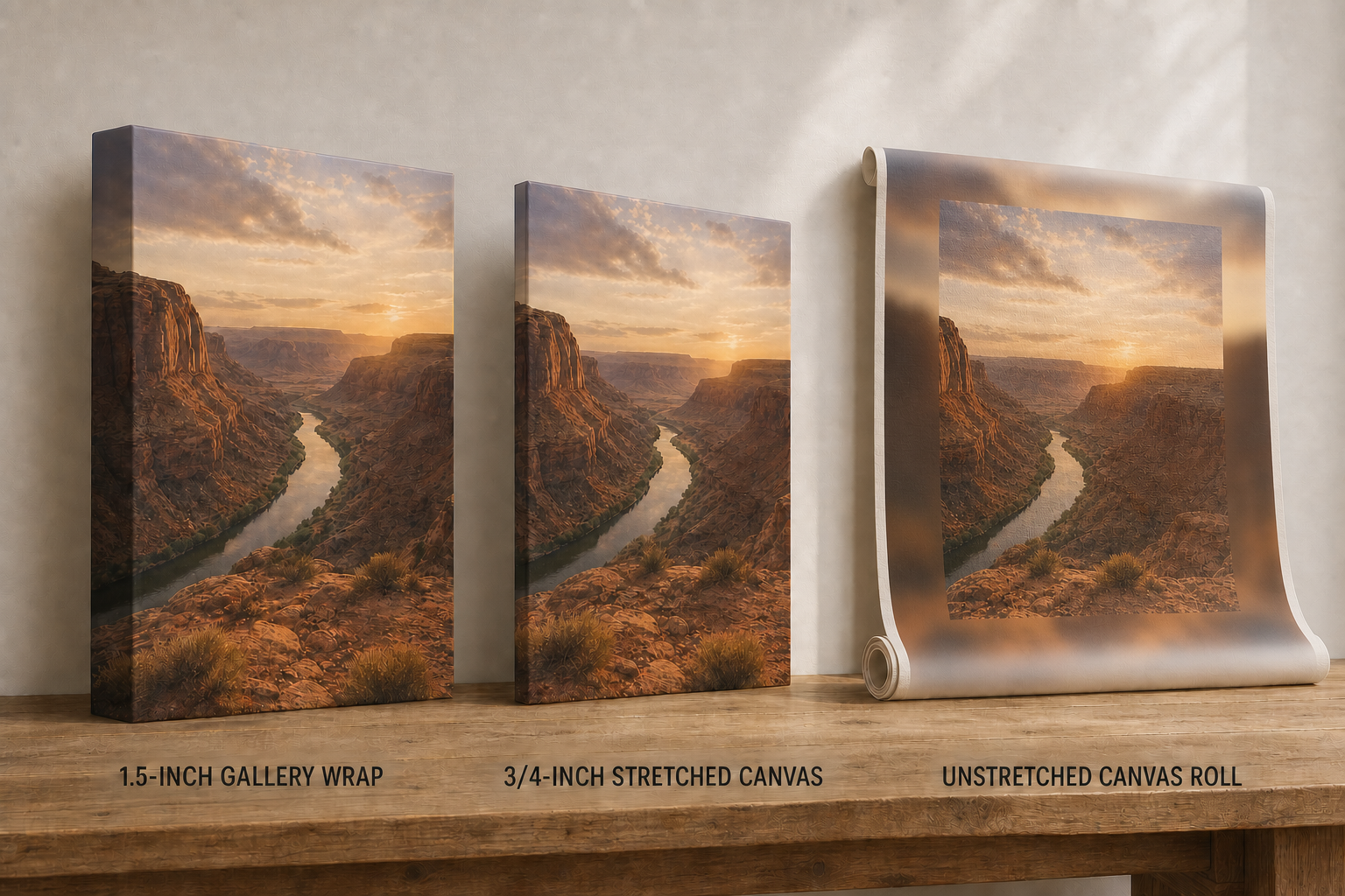 Comparison of 1.5-inch gallery wrap, 3/4-inch stretched canvas, and unstretched canvas roll with a blurred wrap allowance