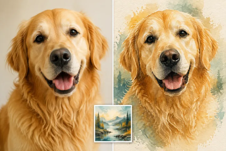 Example: turn a dog photo into watercolor using a separate style example.