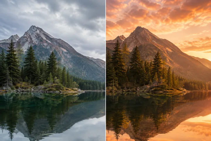 Example: change a mountain lake photo from daylight to golden sunset.